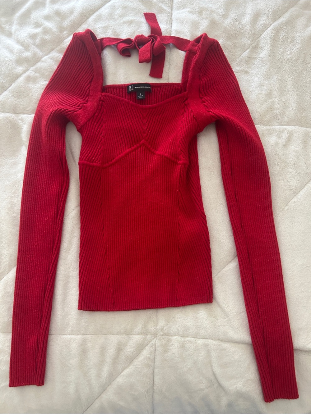 Express Red Ribbed Off-the-Shoulder Tie-Back Sweater